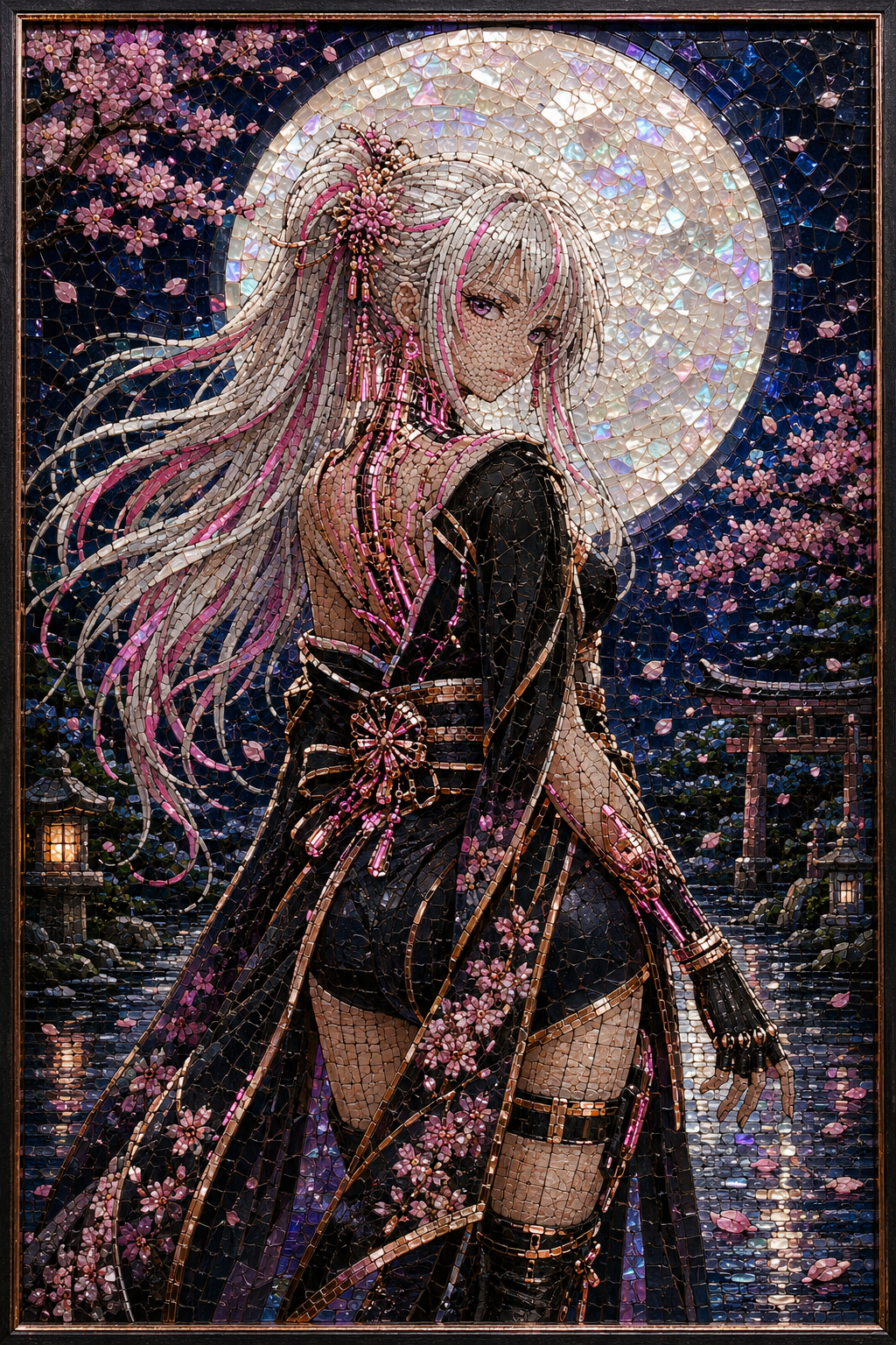 Cybernetic character artwork constructed from broken mosaic tile