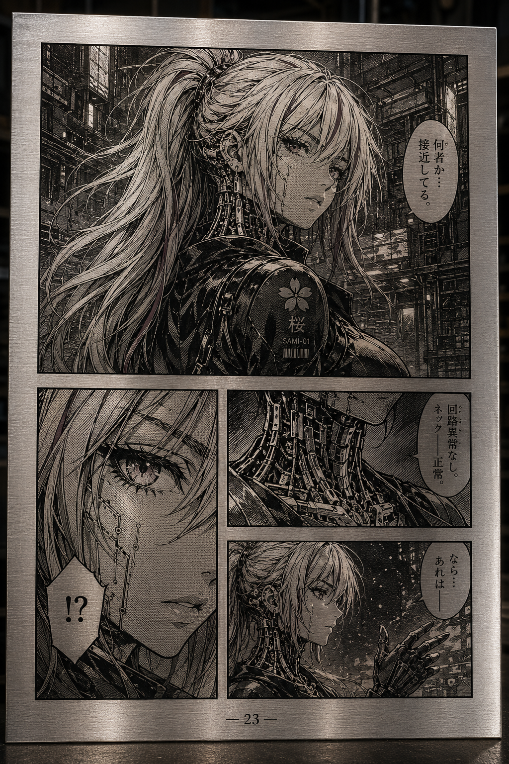 Manga page reproduced as an etched metal plate