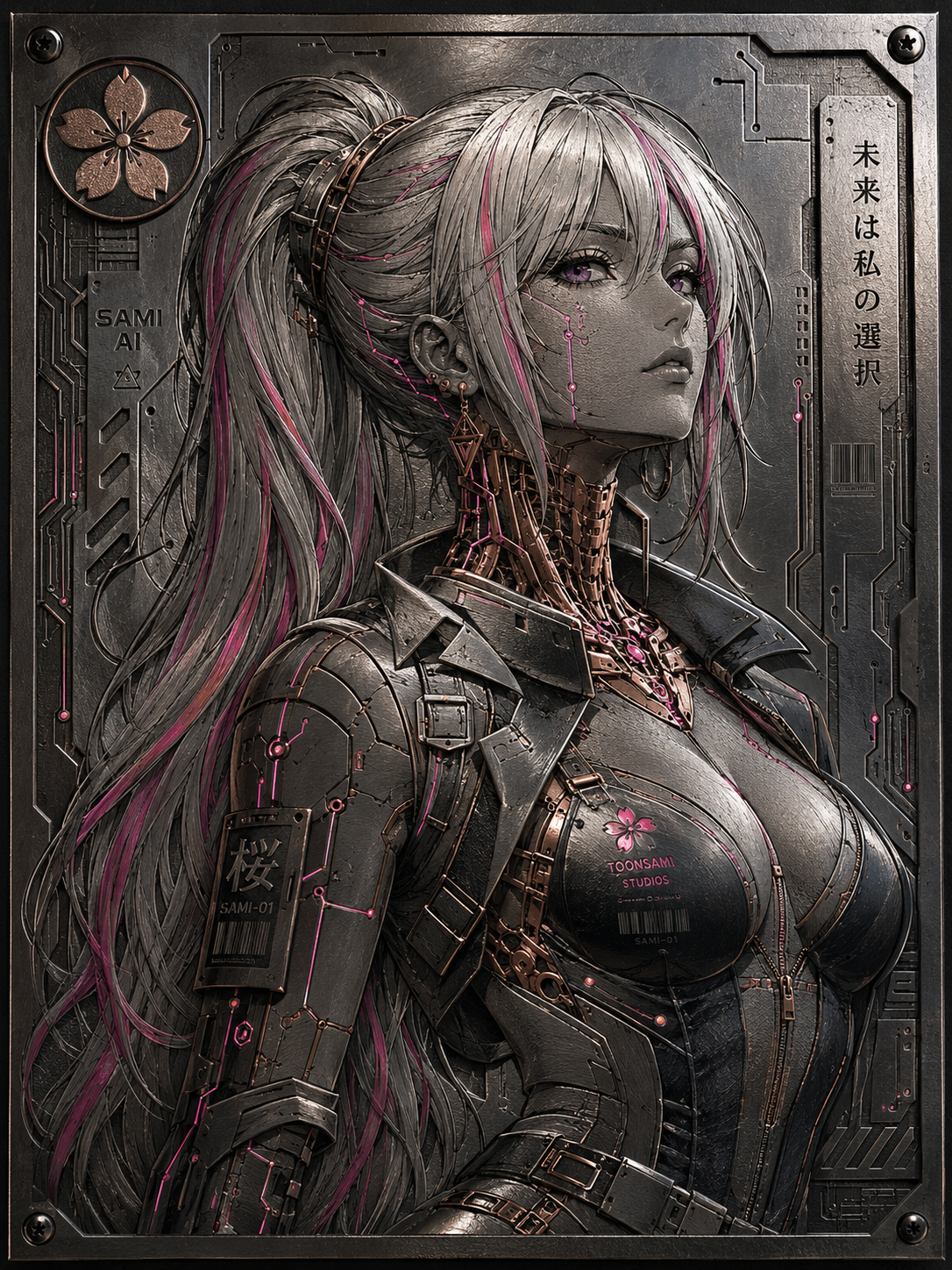 Cybernetic character portrait rendered as engraved metal