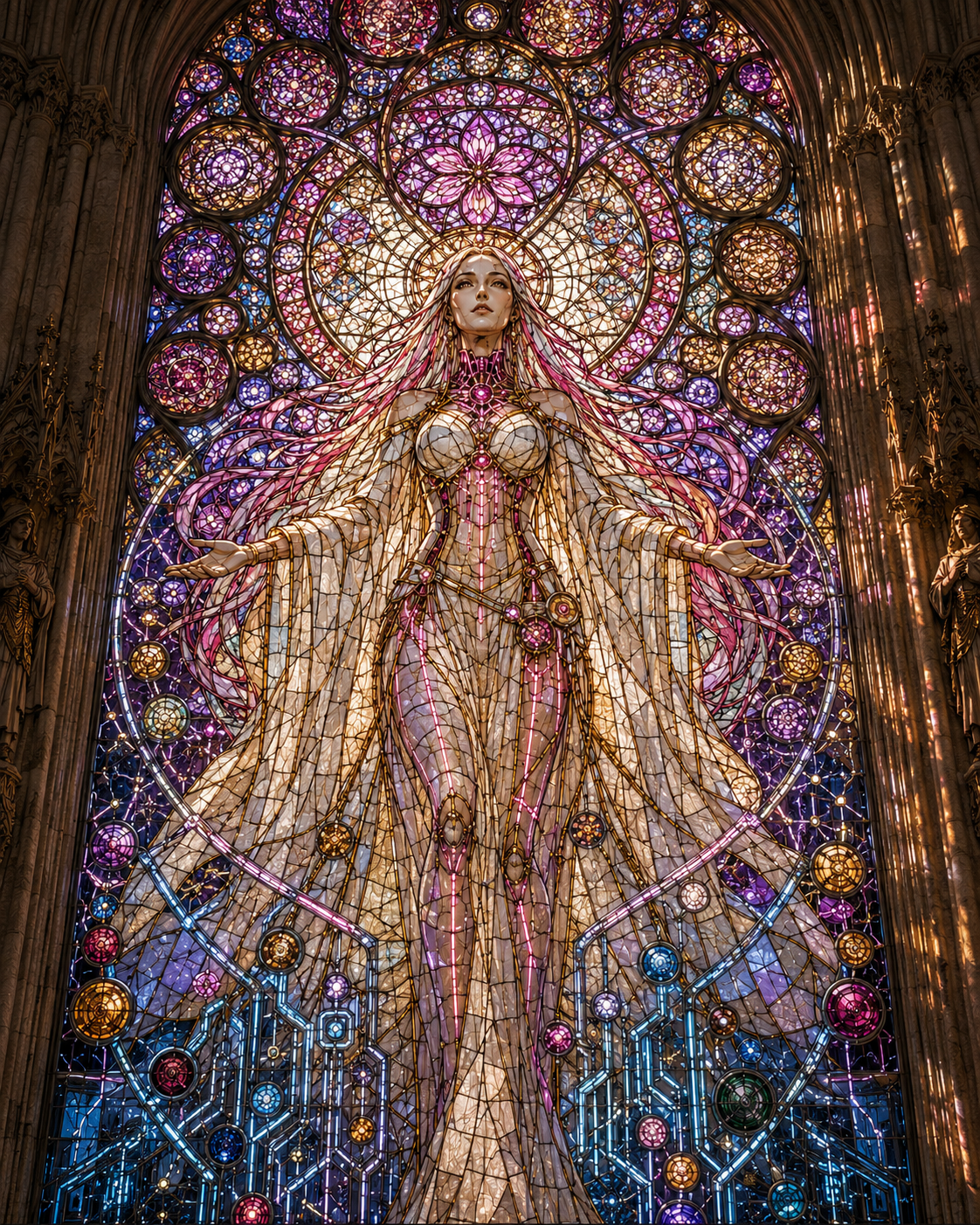 Cybernetic figure rendered as architectural stained glass