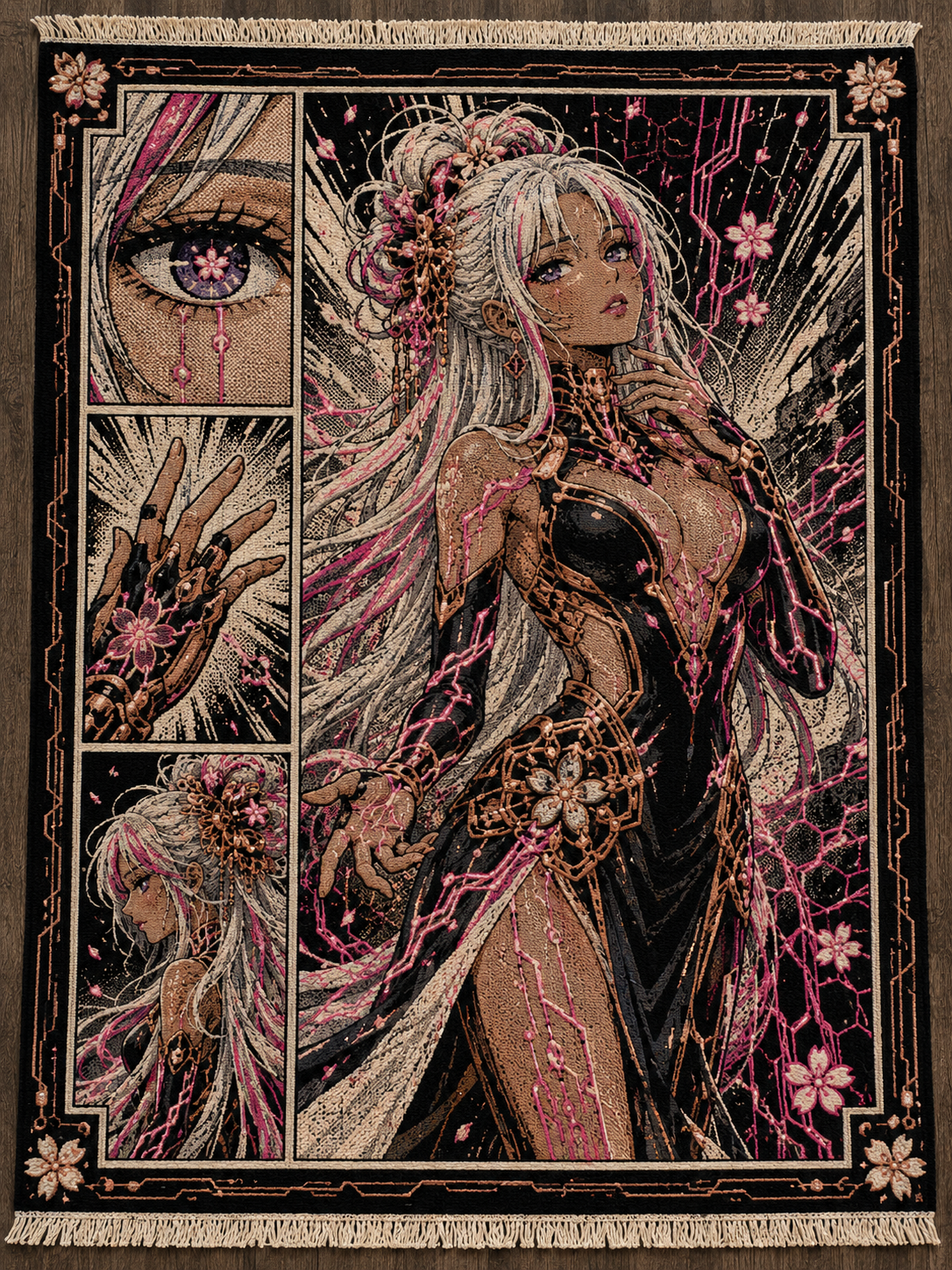 Cybernetic character artwork rendered as a woven textile tapestry