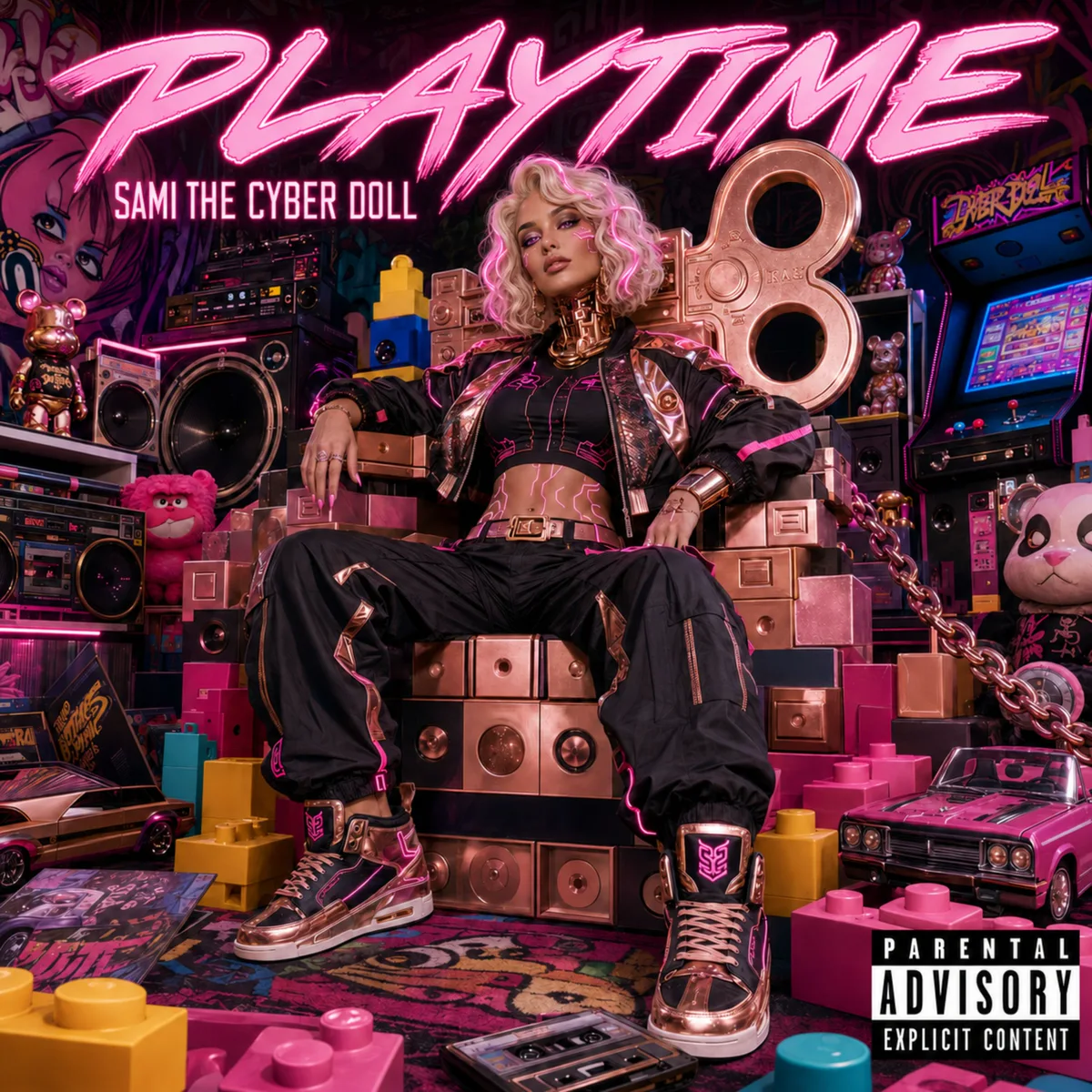 PLAYTIME album cover featuring Sami The Cyber Doll seated on a rose-gold toy-block throne in a neon arcade room