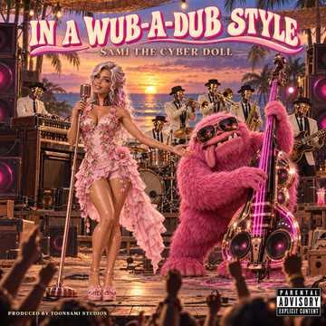 Wub-a-dub album cover featuring Sami The Cyber Doll performing at sunset beside the pink Wubba Dub mascot